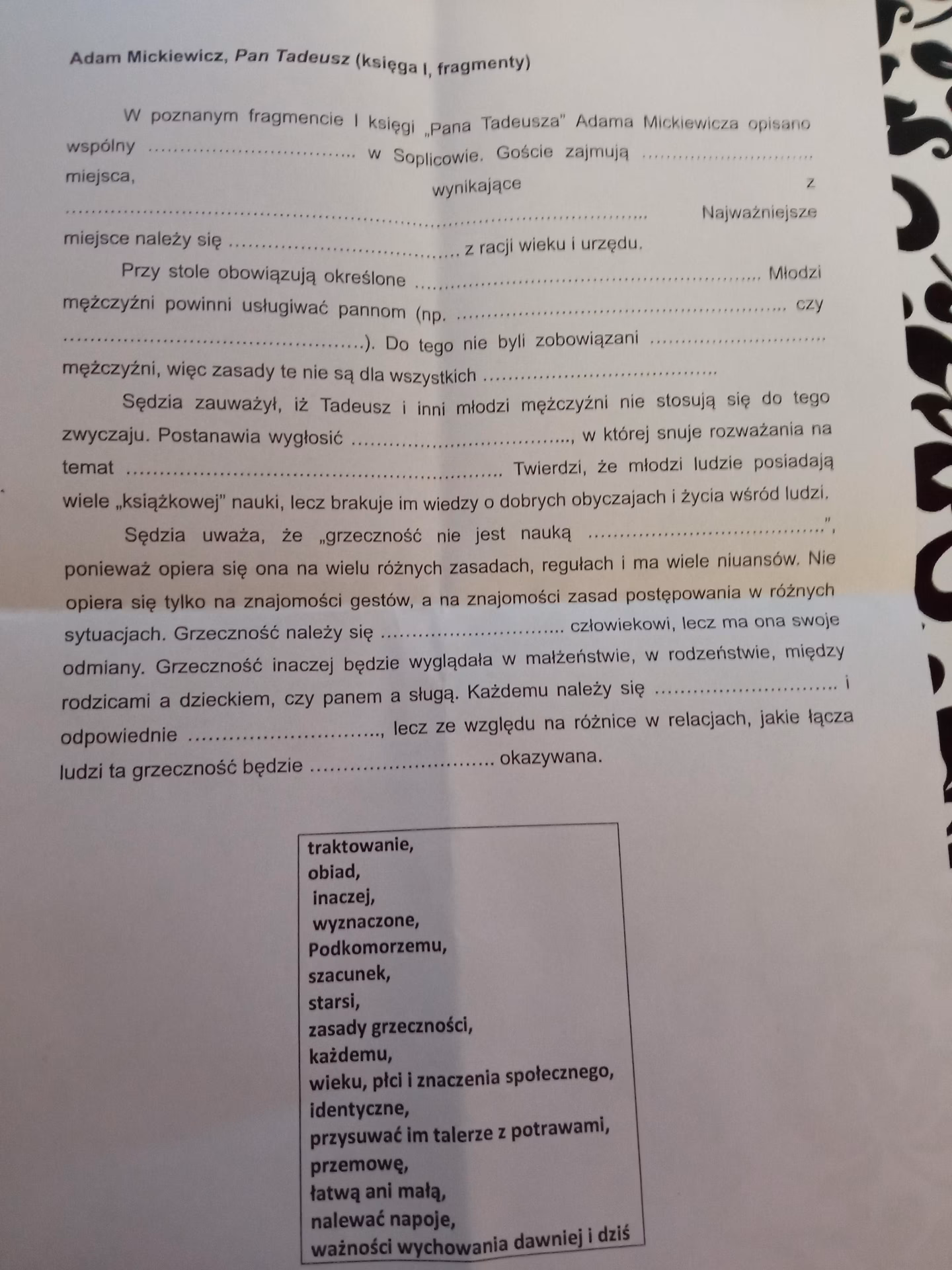 Kto w Panu Tadeuszu uczył młodzież grzeczności?